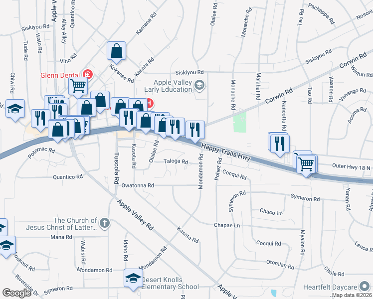 map of restaurants, bars, coffee shops, grocery stores, and more near 18419 California 18 in Apple Valley