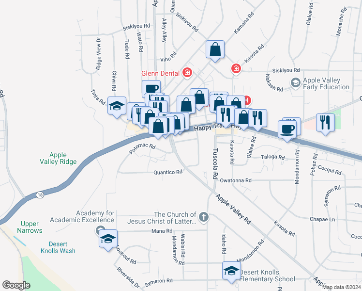map of restaurants, bars, coffee shops, grocery stores, and more near Apple Valley Road in Apple Valley