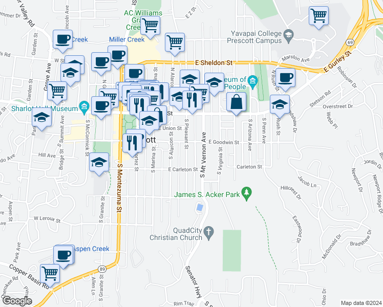 map of restaurants, bars, coffee shops, grocery stores, and more near 221 South Pleasant Street in Prescott