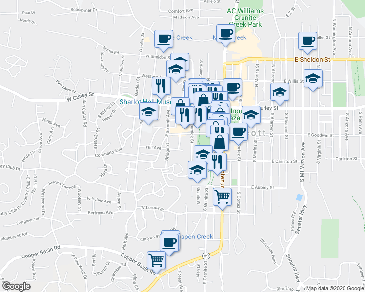 map of restaurants, bars, coffee shops, grocery stores, and more near 224 Spring Street in Prescott