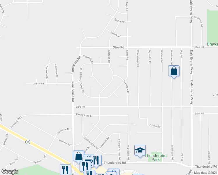 map of restaurants, bars, coffee shops, grocery stores, and more near 15833 Serrano Road in Apple Valley