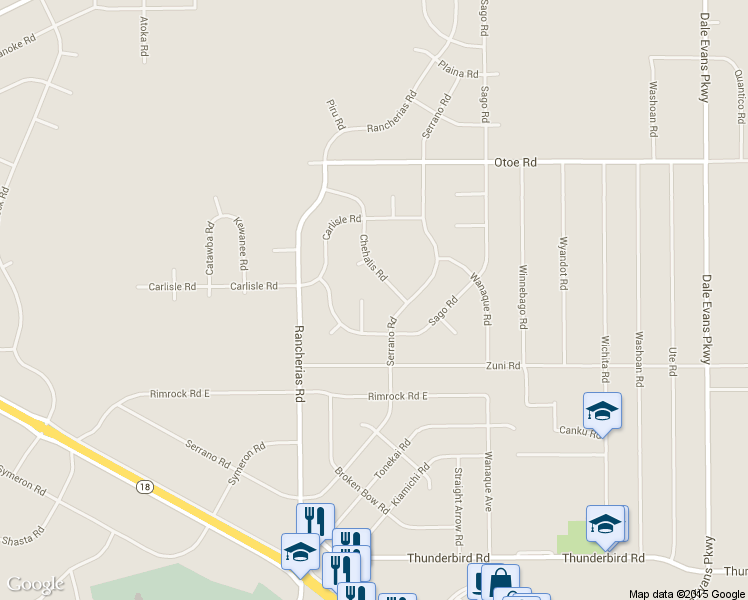 map of restaurants, bars, coffee shops, grocery stores, and more near 15800 Serrano Road in Apple Valley