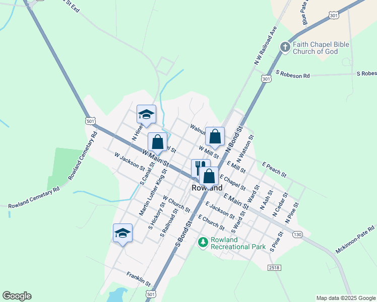 map of restaurants, bars, coffee shops, grocery stores, and more near 203 Hickory Street in Rowland