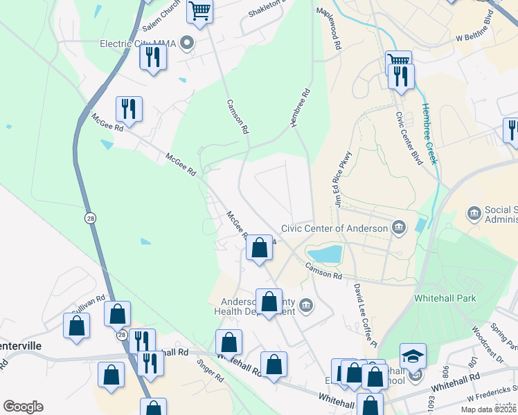 map of restaurants, bars, coffee shops, grocery stores, and more near 210 Camson Road in Anderson