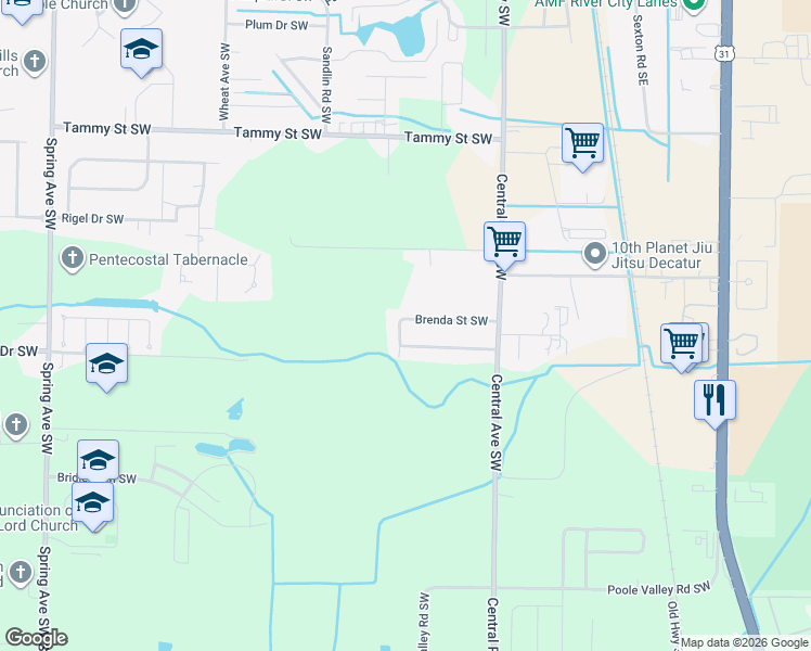 map of restaurants, bars, coffee shops, grocery stores, and more near 407 Brenda Street Southwest in Decatur