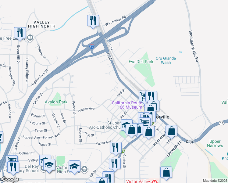 map of restaurants, bars, coffee shops, grocery stores, and more near 16662 1st Street in Victorville