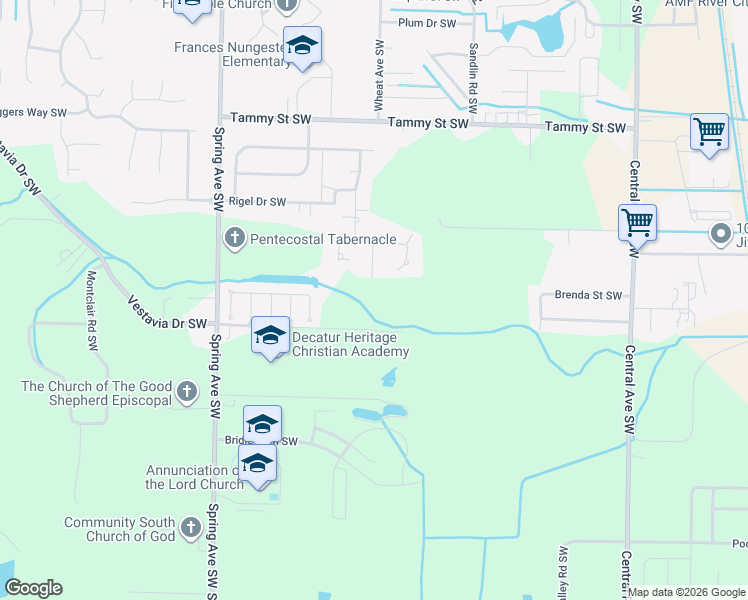 map of restaurants, bars, coffee shops, grocery stores, and more near 3507 Sierra Drive Southwest in Decatur