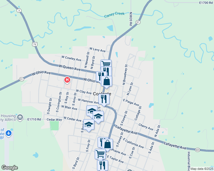 map of restaurants, bars, coffee shops, grocery stores, and more near 38 North Main Street in Coalgate