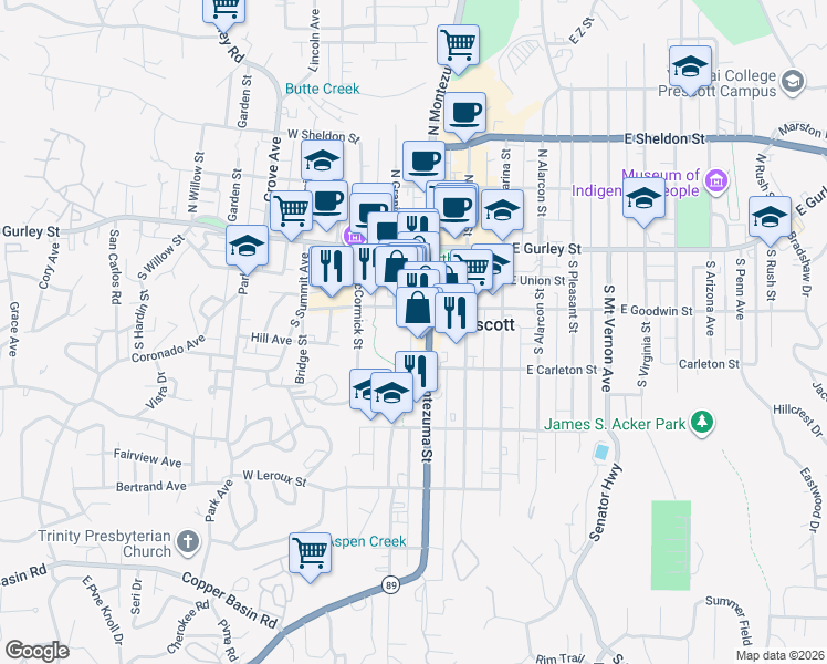 map of restaurants, bars, coffee shops, grocery stores, and more near 200-298 S Granite St in Prescott