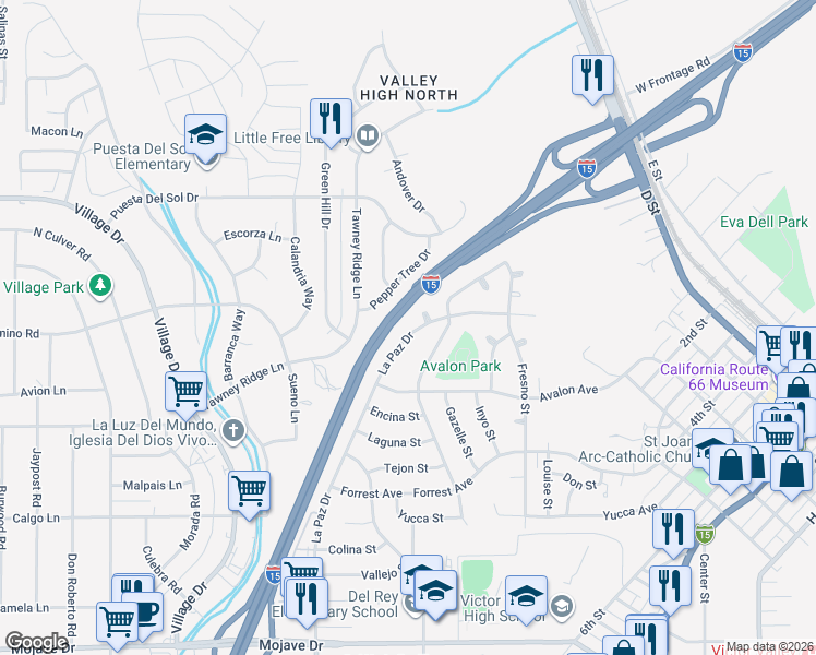 map of restaurants, bars, coffee shops, grocery stores, and more near 15860 La Paz Drive in Victorville
