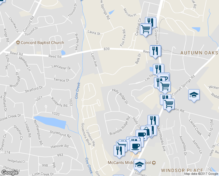 map of restaurants, bars, coffee shops, grocery stores, and more near 312 Holly Ridge Drive in Anderson