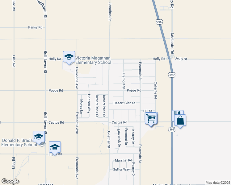 map of restaurants, bars, coffee shops, grocery stores, and more near 11720 Highgrove Court in Adelanto