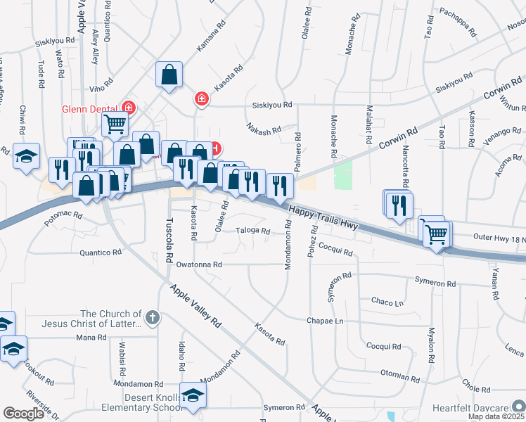 map of restaurants, bars, coffee shops, grocery stores, and more near 18409 Outer Highway 18 South in Apple Valley
