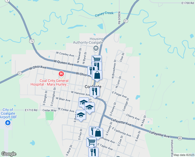 map of restaurants, bars, coffee shops, grocery stores, and more near 38 North Main Street in Coalgate