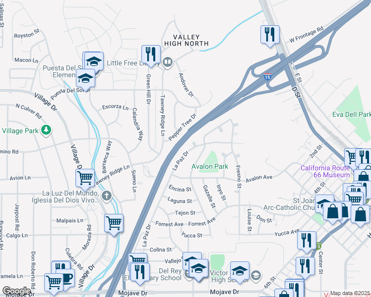 map of restaurants, bars, coffee shops, grocery stores, and more near 15860 La Paz Drive in Victorville