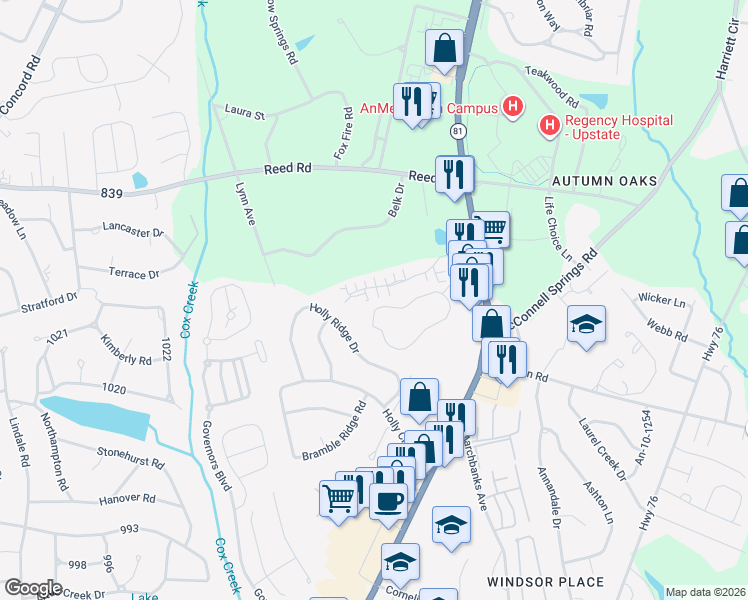 map of restaurants, bars, coffee shops, grocery stores, and more near 171 Life Style Lane in Anderson
