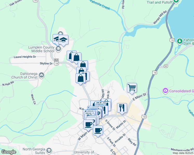 map of restaurants, bars, coffee shops, grocery stores, and more near 22 Oliver Drive in Dahlonega