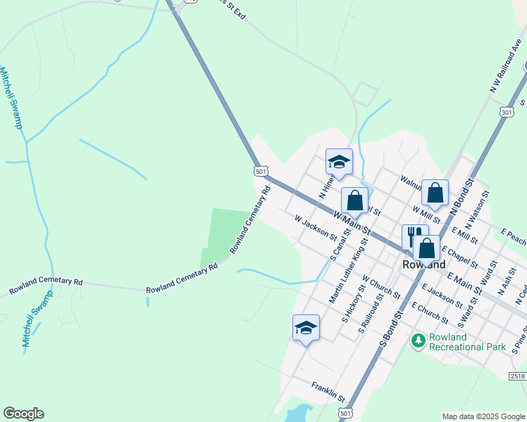 map of restaurants, bars, coffee shops, grocery stores, and more near 99 Rowland Cemetary Road in Rowland