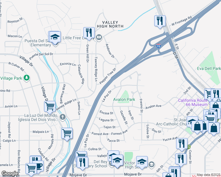 map of restaurants, bars, coffee shops, grocery stores, and more near 15860 La Paz Drive in Victorville