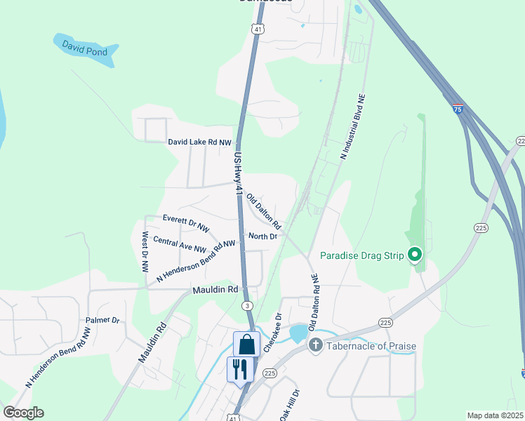 map of restaurants, bars, coffee shops, grocery stores, and more near Old Dalton Road in Calhoun