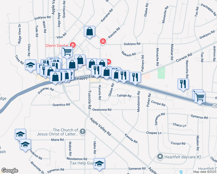map of restaurants, bars, coffee shops, grocery stores, and more near 15866 Olalee Road in Apple Valley