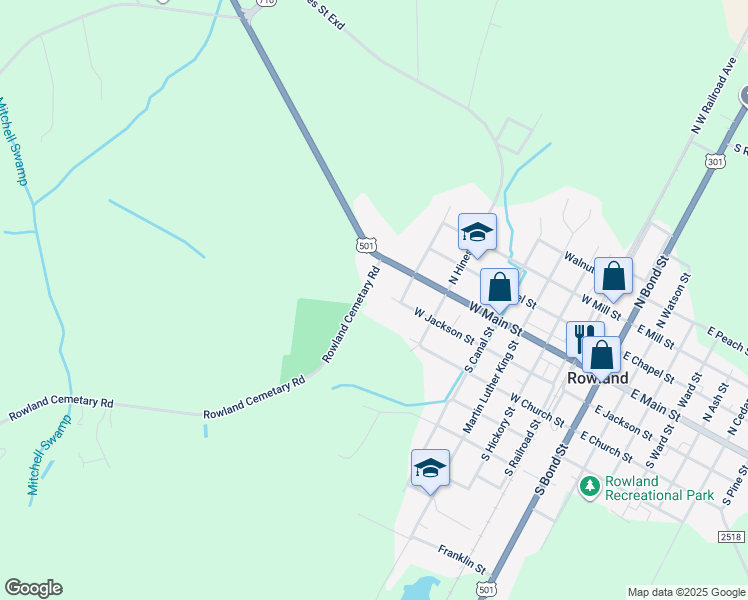 map of restaurants, bars, coffee shops, grocery stores, and more near 99 Rowland Cemetary Road in Rowland