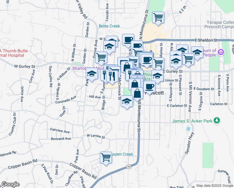 map of restaurants, bars, coffee shops, grocery stores, and more near 240 South McCormick Street in Prescott