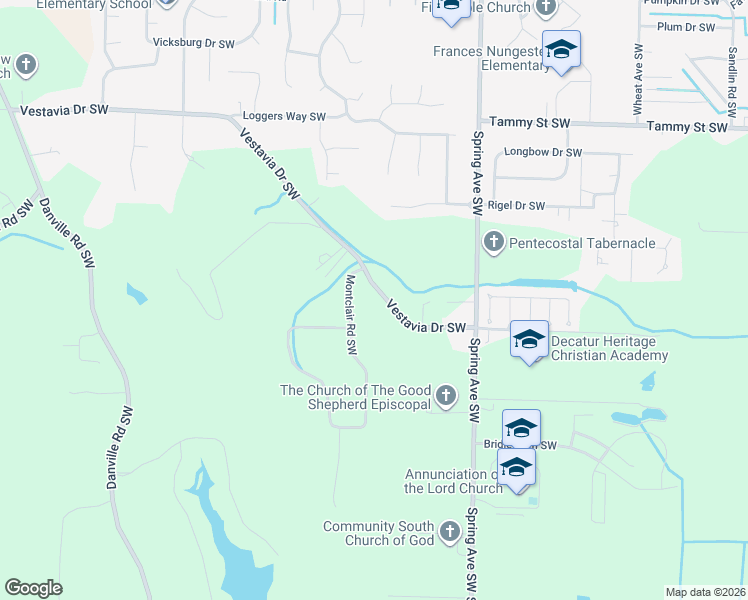 map of restaurants, bars, coffee shops, grocery stores, and more near 1001 Vestavia Drive Southwest in Decatur