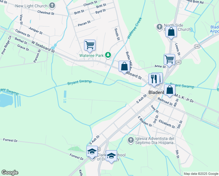 map of restaurants, bars, coffee shops, grocery stores, and more near in Riegelwood