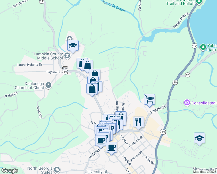 map of restaurants, bars, coffee shops, grocery stores, and more near 48 Oliver Drive in Dahlonega
