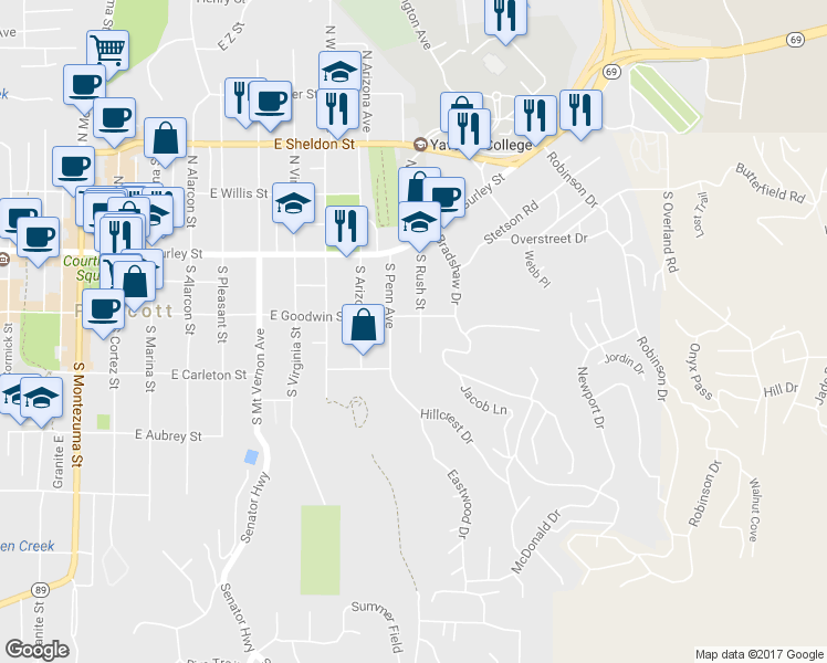 map of restaurants, bars, coffee shops, grocery stores, and more near 210 South Rush Street in Prescott