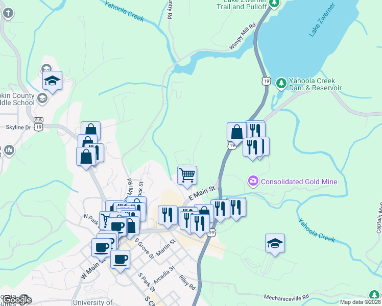 map of restaurants, bars, coffee shops, grocery stores, and more near 201 Turner Road in Dahlonega