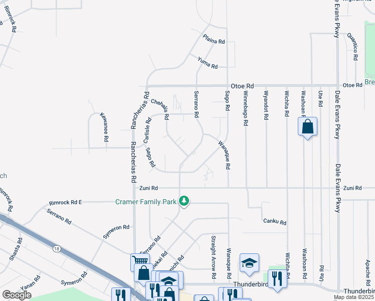 map of restaurants, bars, coffee shops, grocery stores, and more near 15833 Serrano Road in Apple Valley