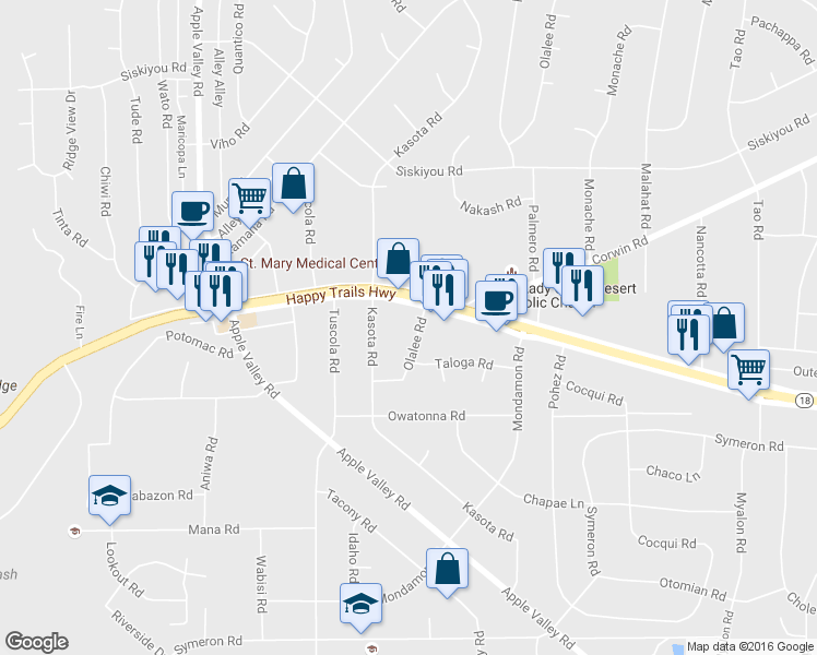 map of restaurants, bars, coffee shops, grocery stores, and more near 15866 Olalee Road in Apple Valley