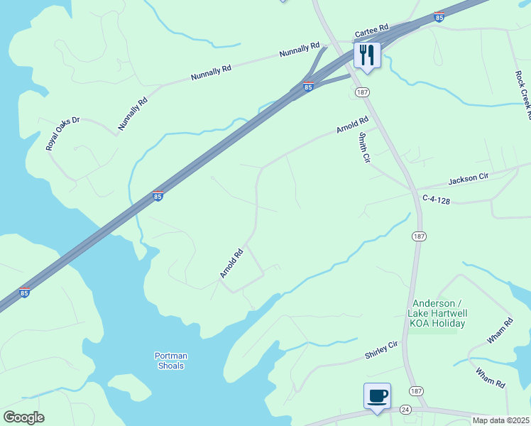 map of restaurants, bars, coffee shops, grocery stores, and more near 1105 Arnold Road in Anderson