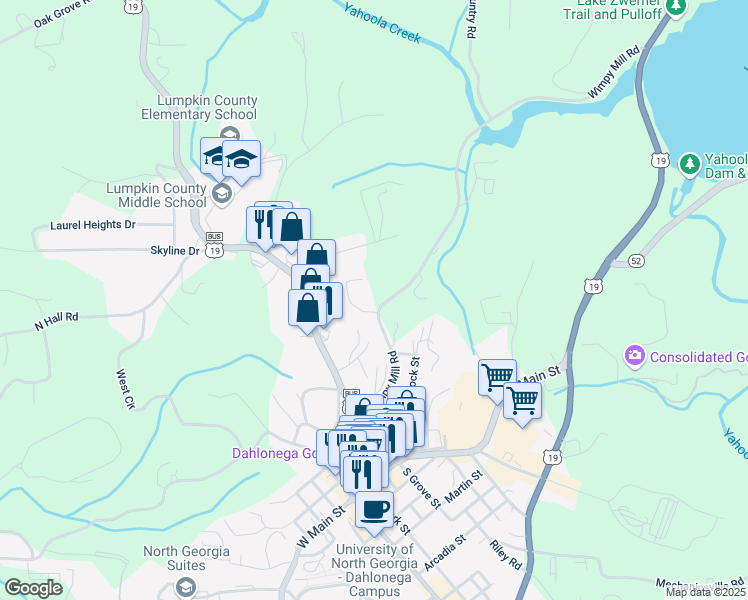 map of restaurants, bars, coffee shops, grocery stores, and more near 22 Oliver Drive in Dahlonega