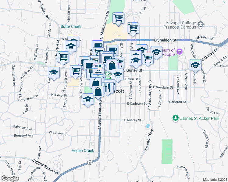 map of restaurants, bars, coffee shops, grocery stores, and more near in Prescott