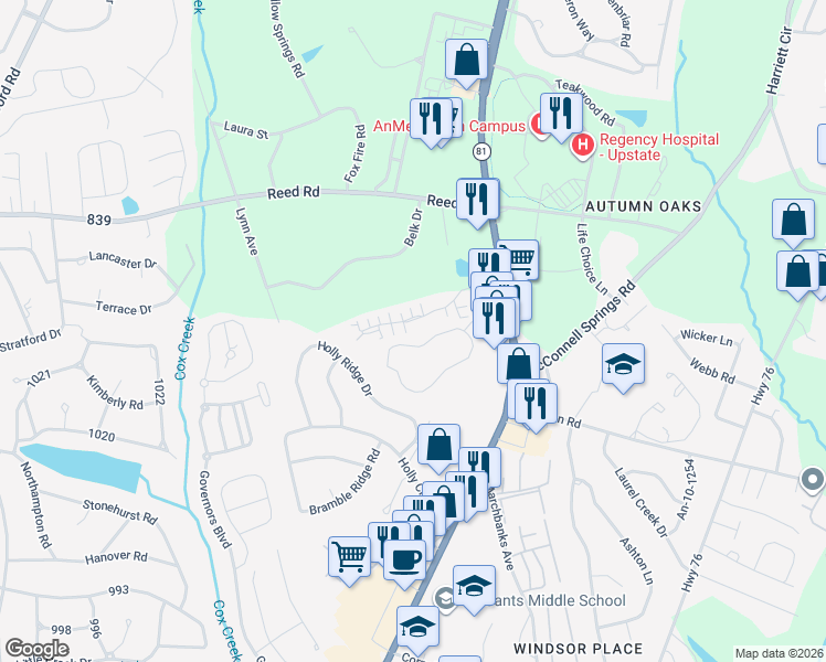 map of restaurants, bars, coffee shops, grocery stores, and more near 2A Shadow Creek Lane in Anderson