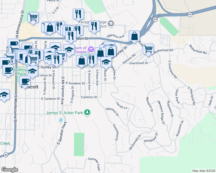 map of restaurants, bars, coffee shops, grocery stores, and more near 1001 East Goodwin Street in Prescott