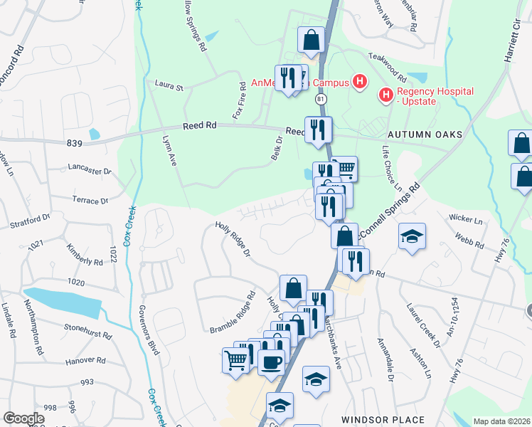 map of restaurants, bars, coffee shops, grocery stores, and more near 171 Life Style Lane in Anderson