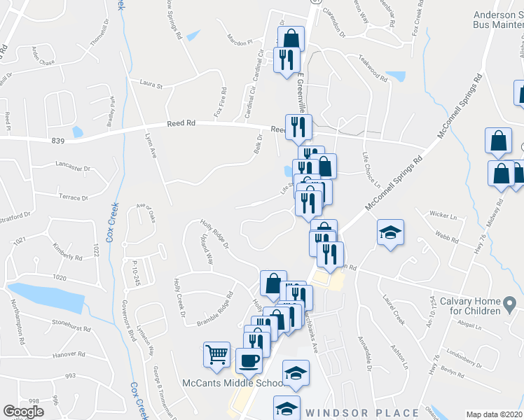 map of restaurants, bars, coffee shops, grocery stores, and more near 147 Life Style Lane in Anderson