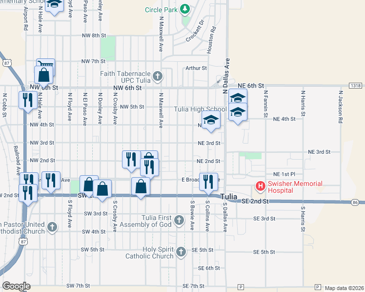 map of restaurants, bars, coffee shops, grocery stores, and more near 210 N Austin Ave in Tulia