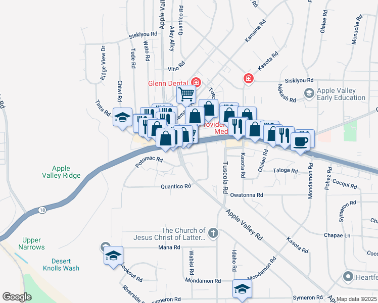 map of restaurants, bars, coffee shops, grocery stores, and more near California 18 in Apple Valley