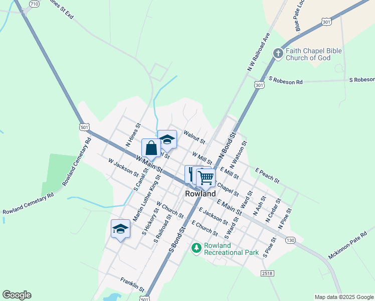 map of restaurants, bars, coffee shops, grocery stores, and more near 203 Hickory Street in Rowland