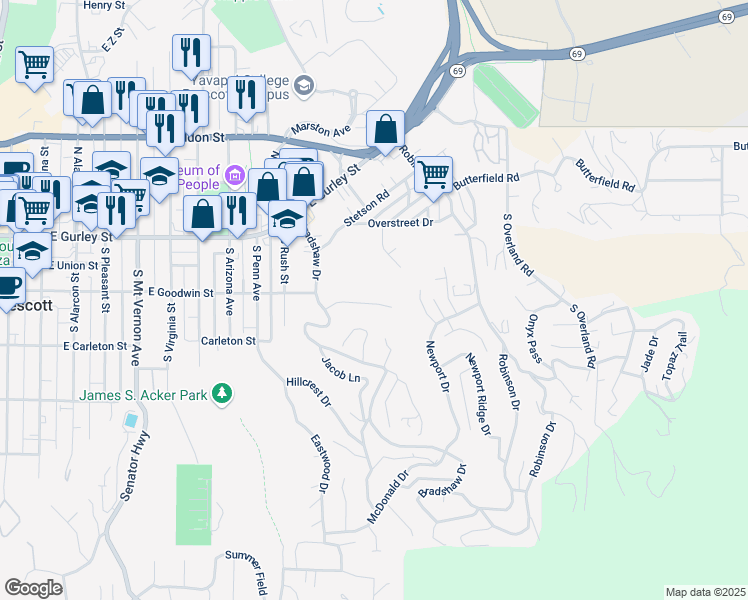map of restaurants, bars, coffee shops, grocery stores, and more near 232 Point of View in Prescott
