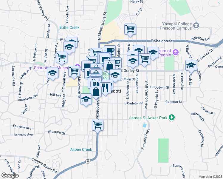 map of restaurants, bars, coffee shops, grocery stores, and more near in Prescott