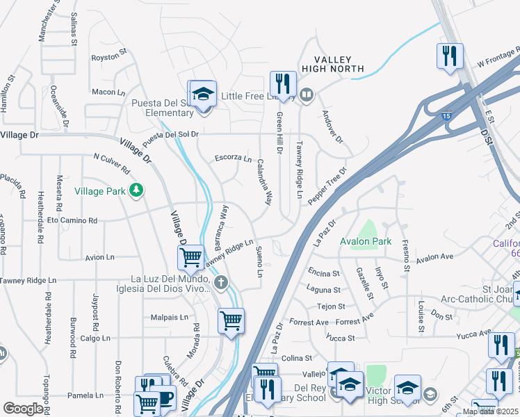 map of restaurants, bars, coffee shops, grocery stores, and more near 15869 Calandria Way in Victorville