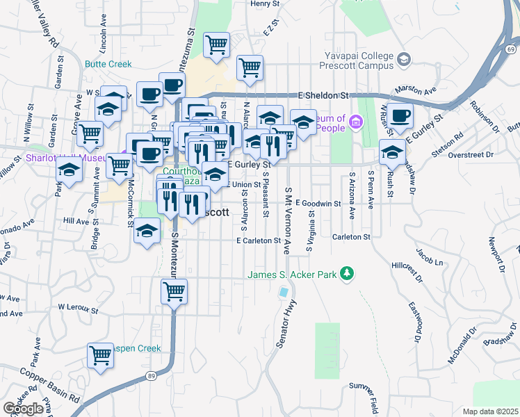 map of restaurants, bars, coffee shops, grocery stores, and more near 202 South Pleasant Street in Prescott