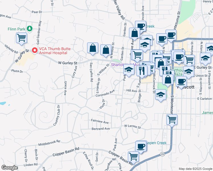 map of restaurants, bars, coffee shops, grocery stores, and more near 228 High Street in Prescott