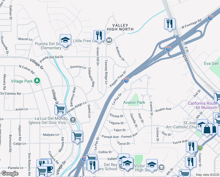map of restaurants, bars, coffee shops, grocery stores, and more near 16121 Tawney Ridge Lane in Victorville
